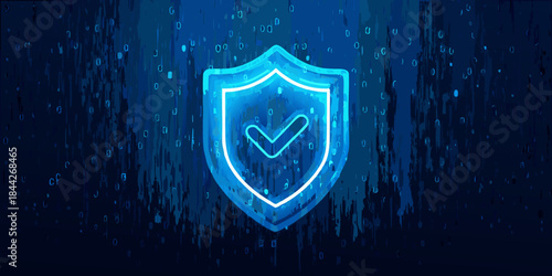 Glowing shield with checkmark symbol against a digital binary code background