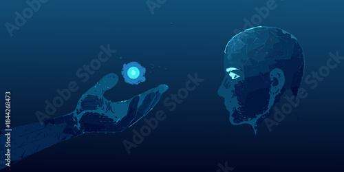 A digital human figure contemplates a glowing orb within their outstretched hand