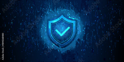 Digital security shield with a checkmark symbol in a binary code background