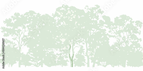 A minimalistic pale green silhouette of a dense forest landscape