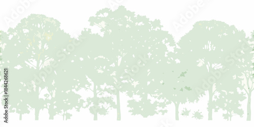 A minimalist illustration depicting a row of silhouetted green trees