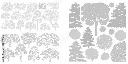 A collection of grayscale tree silhouettes arranged in distinct groupings