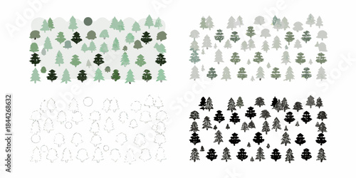An aerial view of stylized evergreen trees in varying shades and arrangements