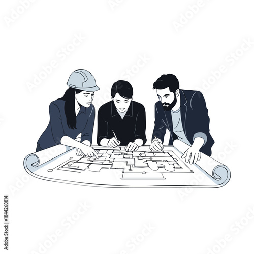 A collaborative team of architects and engineers meticulously reviews detailed building blueprints, planning construction projects with focused discussion and design analysis.
