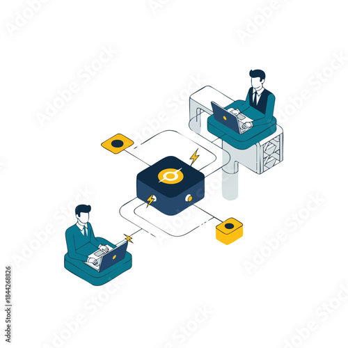 Two businessmen manage digital financial transactions within a decentralized network, illustrating the complex interplay of cryptocurrency mining and blockchain technology.