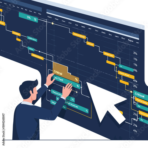 A focused professional efficiently manages a digital project timeline, optimizing tasks and resources on an interactive screen, ensuring strategic planning and successful outcomes.
