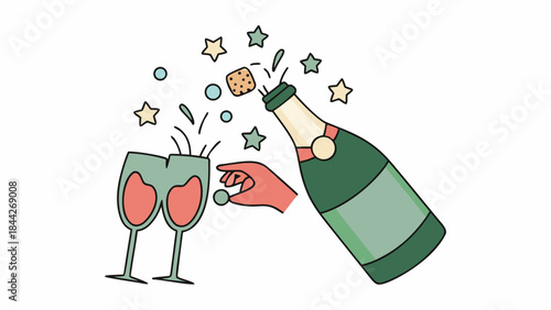 A hand opening green champagne bottle with cork popping out and stars, two wine glasses on the table with joyful celebration atmosphere