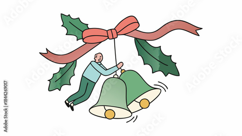Man ringing large green christmas bells with red ribbon and holly leaves festive holiday scene