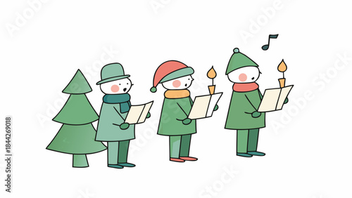 Three cartoon snowmen in green coats singing christmas carols with candles on a white background