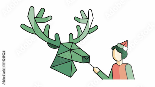 A faceless person in a festive outfit feeding a green geometric reindeer on a white background with a cheerful atmosphere