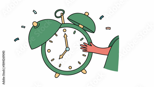 Person stopping green alarm clock with hand on white background, symbolizing time management and pause