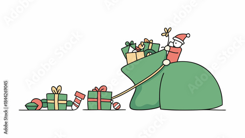 A cheerful santa claus character pulling a large green sack overflowing with colorful gifts and presents on a white background in a playful christmas scene