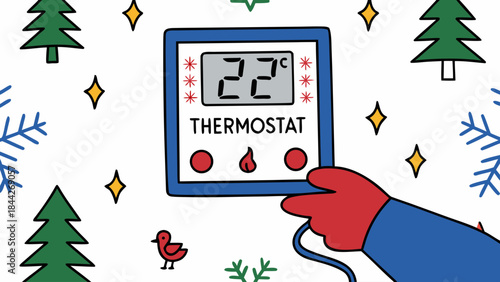A hand in a red glove adjusting a blue digital thermostat to 22 degrees celsius surrounded by christmas trees snowflakes and stars on a white background