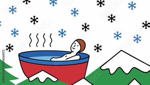 Woman relaxing in hot outdoor tub surrounded by snowflakes and mountains