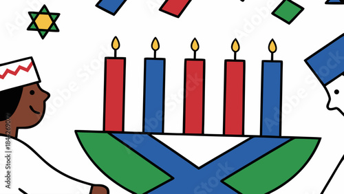 African american man smiling beside colorful kinara with lit candles and confetti celebrating kwanzaa holiday with another person in background