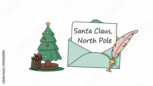 A whimsical christmas scene with a decorated tree, gift, and letter to santa claus at the north pole, evoking holiday magic and cheer