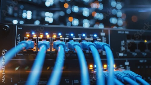 Network server rack data cables blinking lights information technology connections