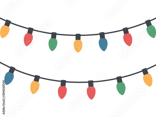 Colorful festive string lights glowing warmly against a white background, perfect for holiday celebrations