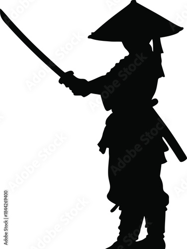 A striking silhouette of a samurai warrior with sword and traditional conical hat