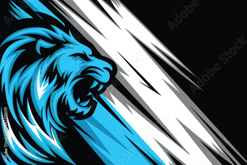 A striking blue lion head illustration with dynamic speed lines on a black