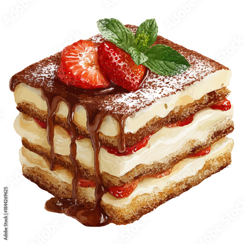 A watercolor painting of Tiramisu, vector illustration on white background.