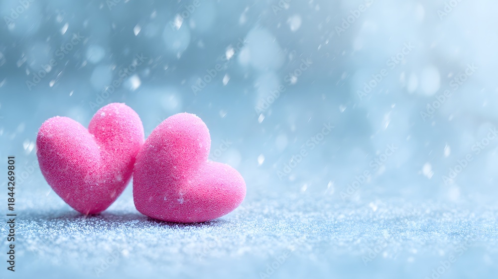 Obraz premium Two pink hearts on a blue background with snow and a bokeh effect. Valentines day background, copy space