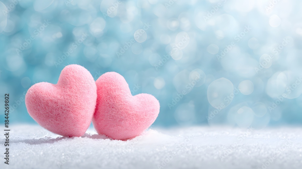 Obraz premium Two pink hearts on a blue background with snow and a bokeh effect. Valentines day background, copy space