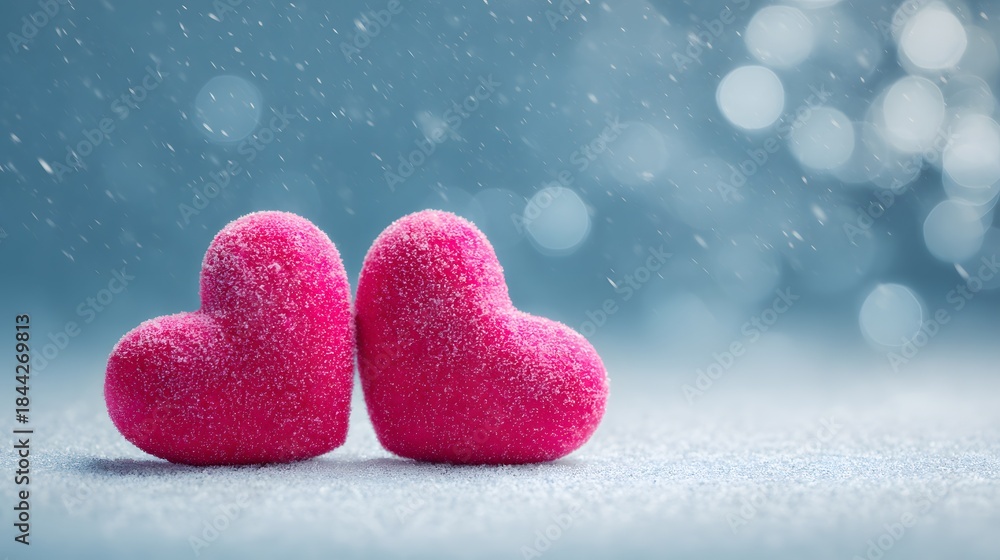 Fototapeta premium Two pink hearts on a blue background with snow and a bokeh effect. Valentines day background, copy space