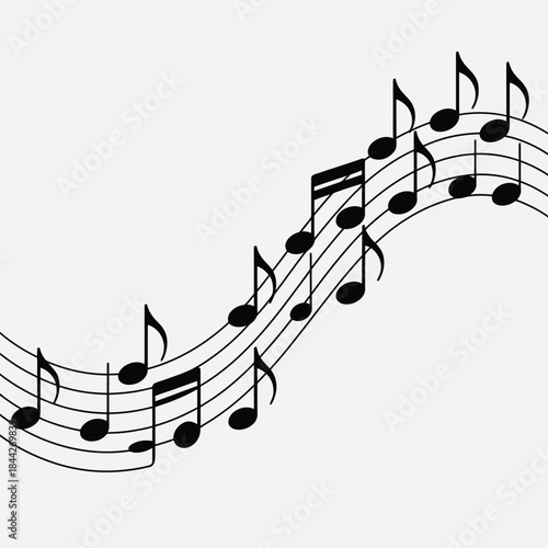Flowing musical notes create a rhythmic wave across a white background