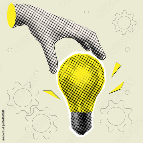 Contemporary collage with halftone hands holding light bulb,concept of brainstorm,idea,creative thinking
