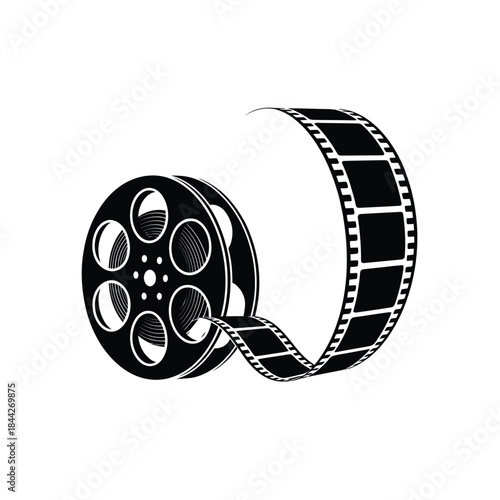A black and white illustration of a film reel and strip