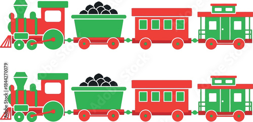 Two identical christmas colored toy trains with coal car, passenger car, and caboose