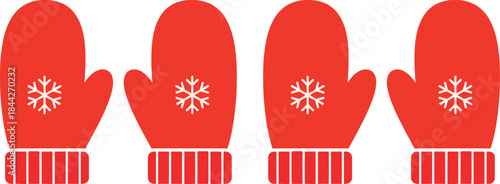 Four red winter mittens with white snowflakes