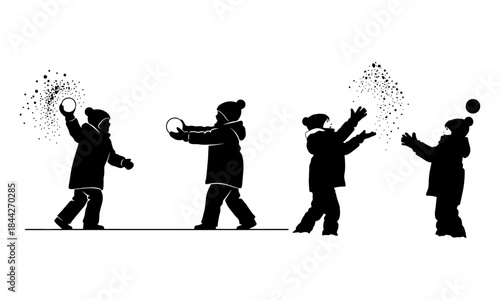 Children playing snowball fight silhouettes set