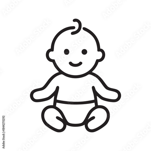 Simple line drawing of a happy baby with a smiling face sitting and looking forward illustrated in black