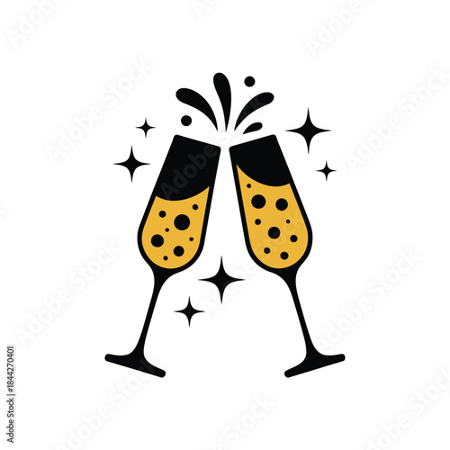 A celebratory toast with two champagne glasses and sparkling festive elements