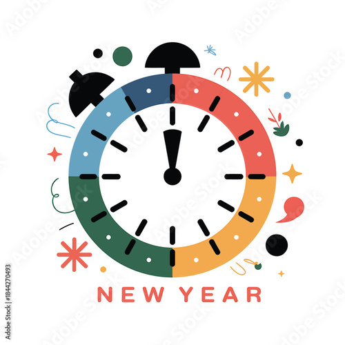 Colorful clock face illustration celebrates the arrival of a new year