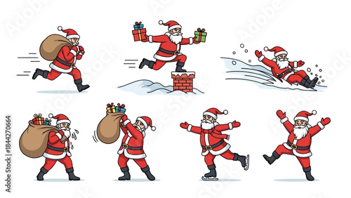 Dynamic Action Santa Claus Flat Icon Set