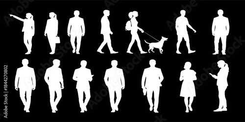 Dynamic collection of diverse human silhouettes in white, illustrating various daily activities and interactions, perfect for architectural drawings, urban planning, and graphic design projects