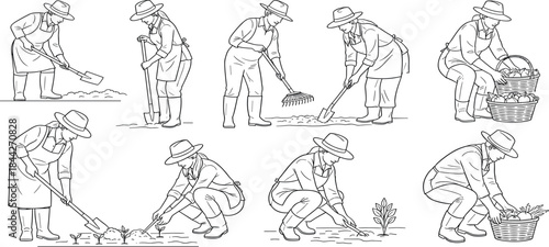 Country people crouching, farmers gardeners florists flower growers and editable line drawings in vector.