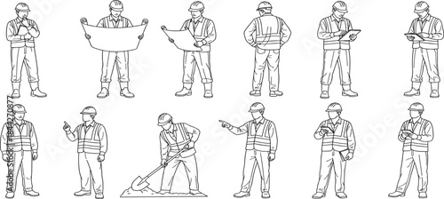Set of diverse construction worker poses, engineering professionals, and builders in various work scenarios for industry and development projects