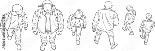 Collection of overhead sketches of people walking in various casual outfits