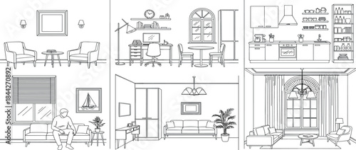 Collection of Line Art Illustrations Depicting Diverse Home Interior Rooms, Showcasing Furniture Arrangements for Living Spaces, Modern Kitchens, and Functional Offices