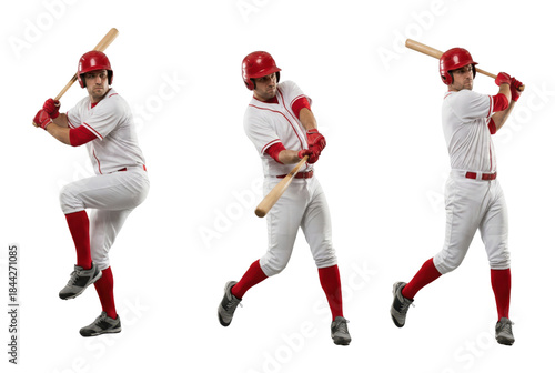 Baseball player in red uniform swinging bat sequence isolated on white