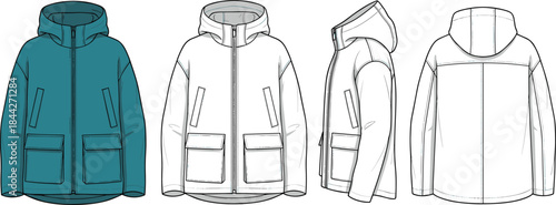 Technical sketch of hooded jacket, front back side views, zipper closure, flap pockets, collar hood detail