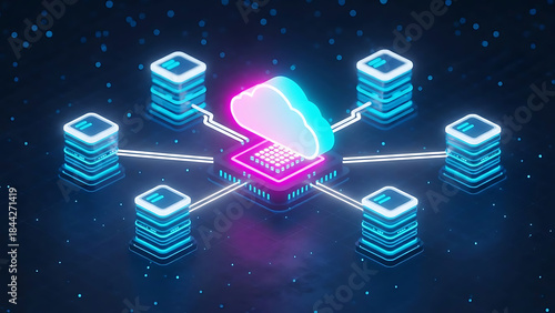 Neon network architecture with glowing central cloud icon node and connected servers