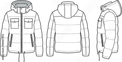 Technical sketch of padded winter jacket, front back side views, hood with drawstring, quilted seams, zip pockets