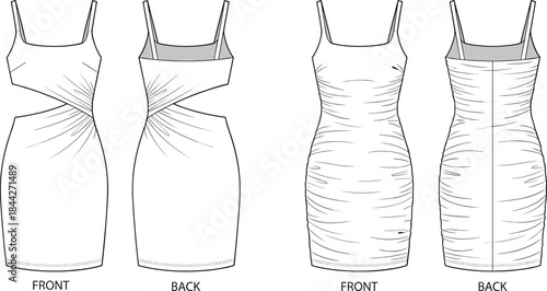 Technical fashion sketch of ruched dresses, front and back views, asymmetrical cutouts, garment detail, fitted silhouette, straps