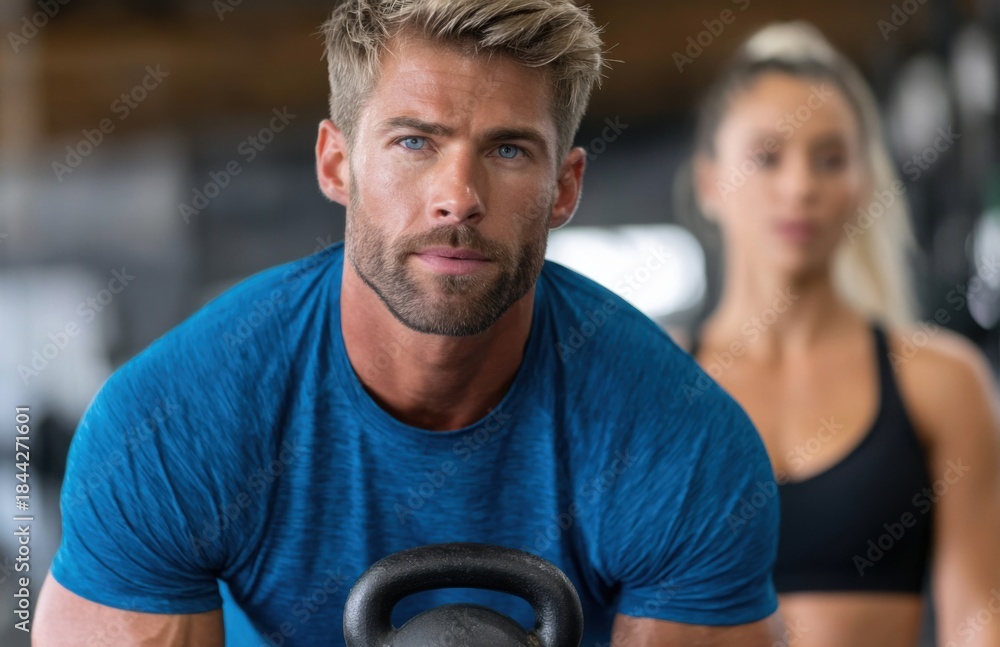 Fototapeta premium a man in a blue t-shirt and black shorts is working out with a kettlebell at the gym
