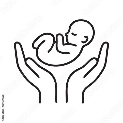 A delicate line drawing depicts cupped hands gently cradling a peacefully sleeping infant symbolizing protection